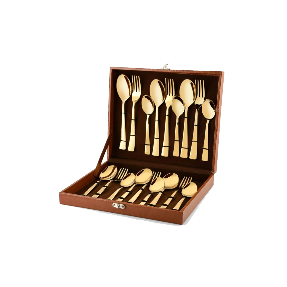 FNS Montavo Alexa Gold 18 Piece Stainless Steel Cutlery Set with Leatherite Box