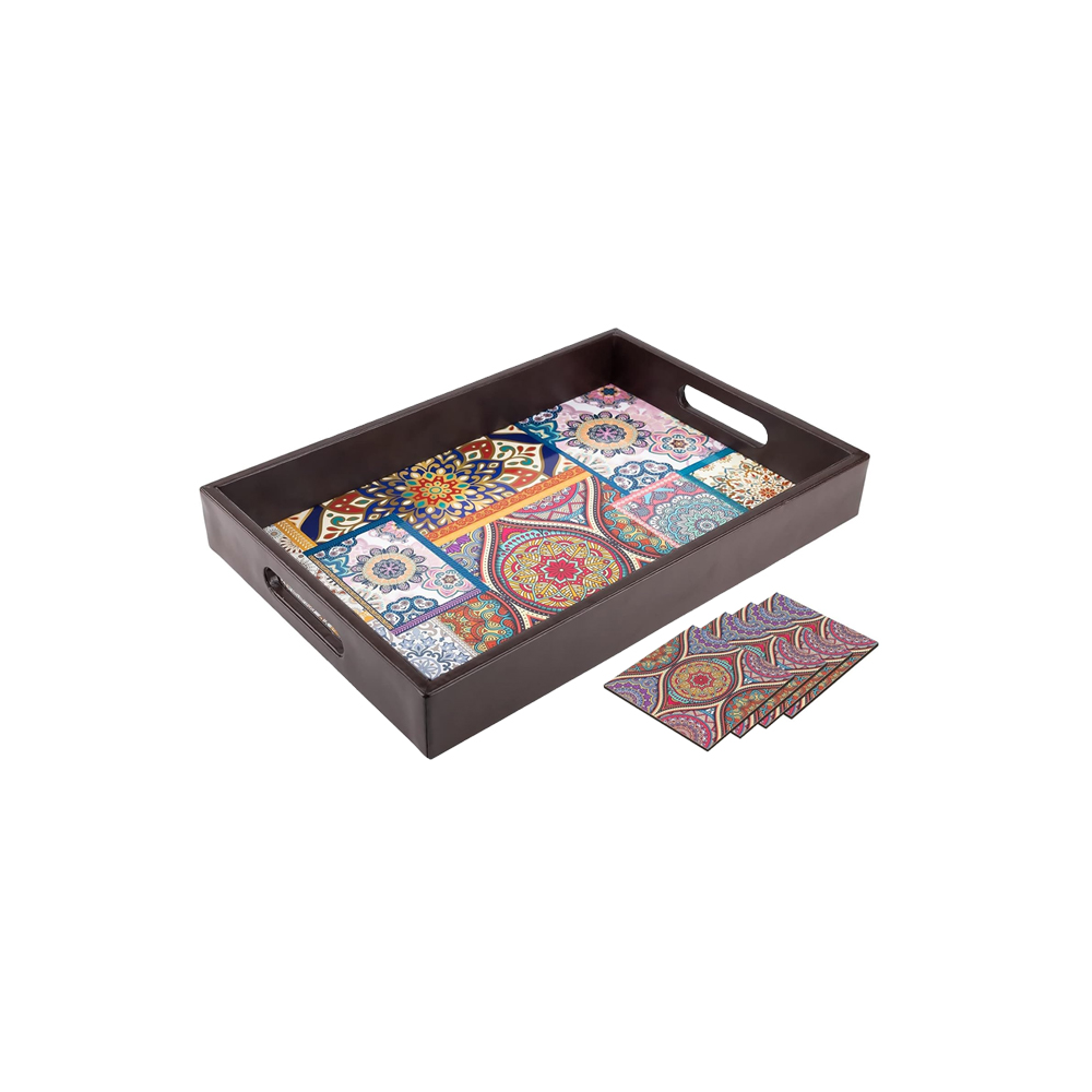 Mandala Wooden Tray For Serving Free 4 Coasters