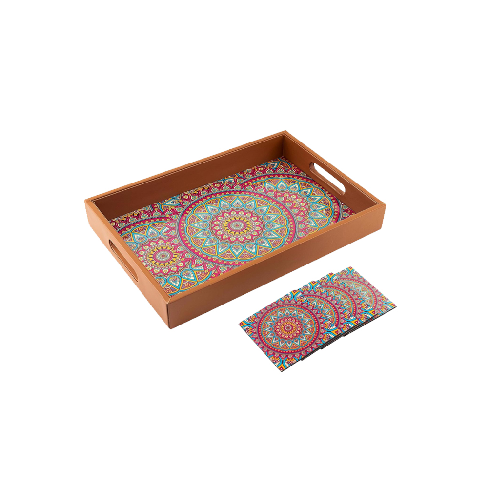 PinkBloom Wooden Tray For Serving Free 4 Coasters