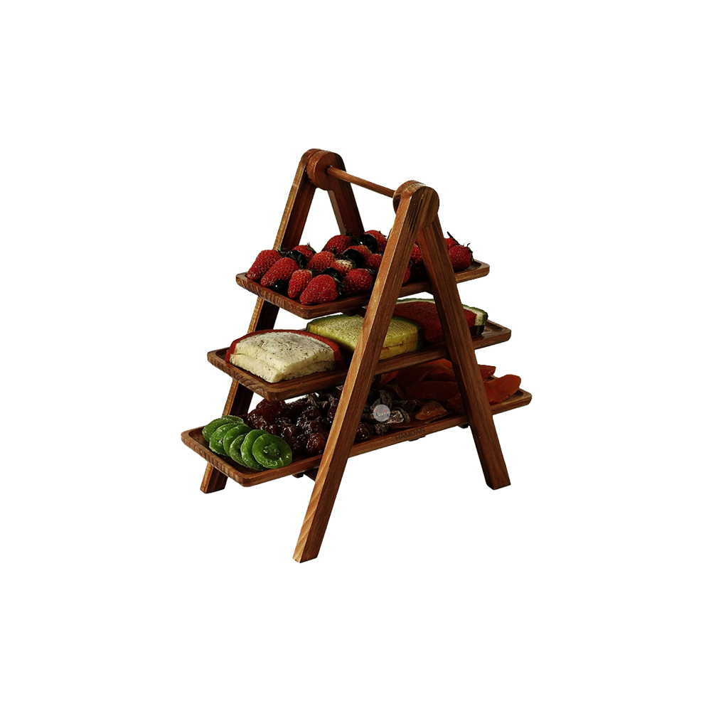 Wood 3 Tier Serving Tray-Wooden Three Tiered Tray with Collapsible Stand