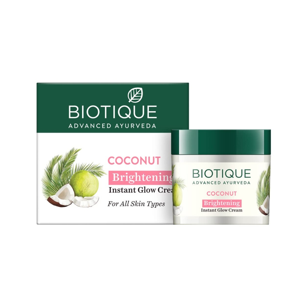 Biotique Coconut Brightening Instant Glow Cream| Lightweight and Non-Greasy | Reduces Dark Spots and Protects Ageing | Nourished and Moisturized Skin |100% Botanical Extracts| All Skin Types | 50gm