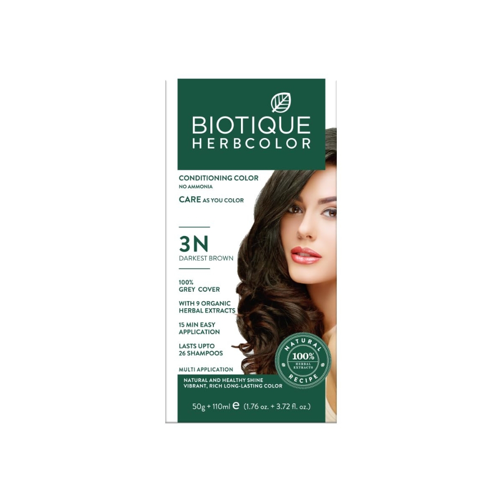 Biotique Herbcolor Conditioning Hair Colour l Ammonia Free Hair Color l 9 Organic Herbal Extracts l Natural and Healthy Shine l 50g + 110ml| Darkest Brown 3N (Pack of 1)