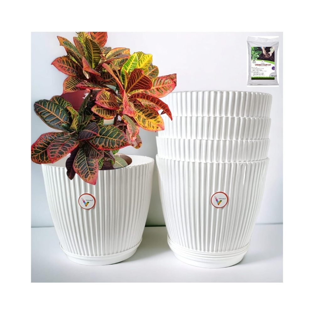 VINSHRA 11 Inch White Flower Pot with 8 Bottom Tray (500 g Organic Vermicomposting Free) | Set of 5