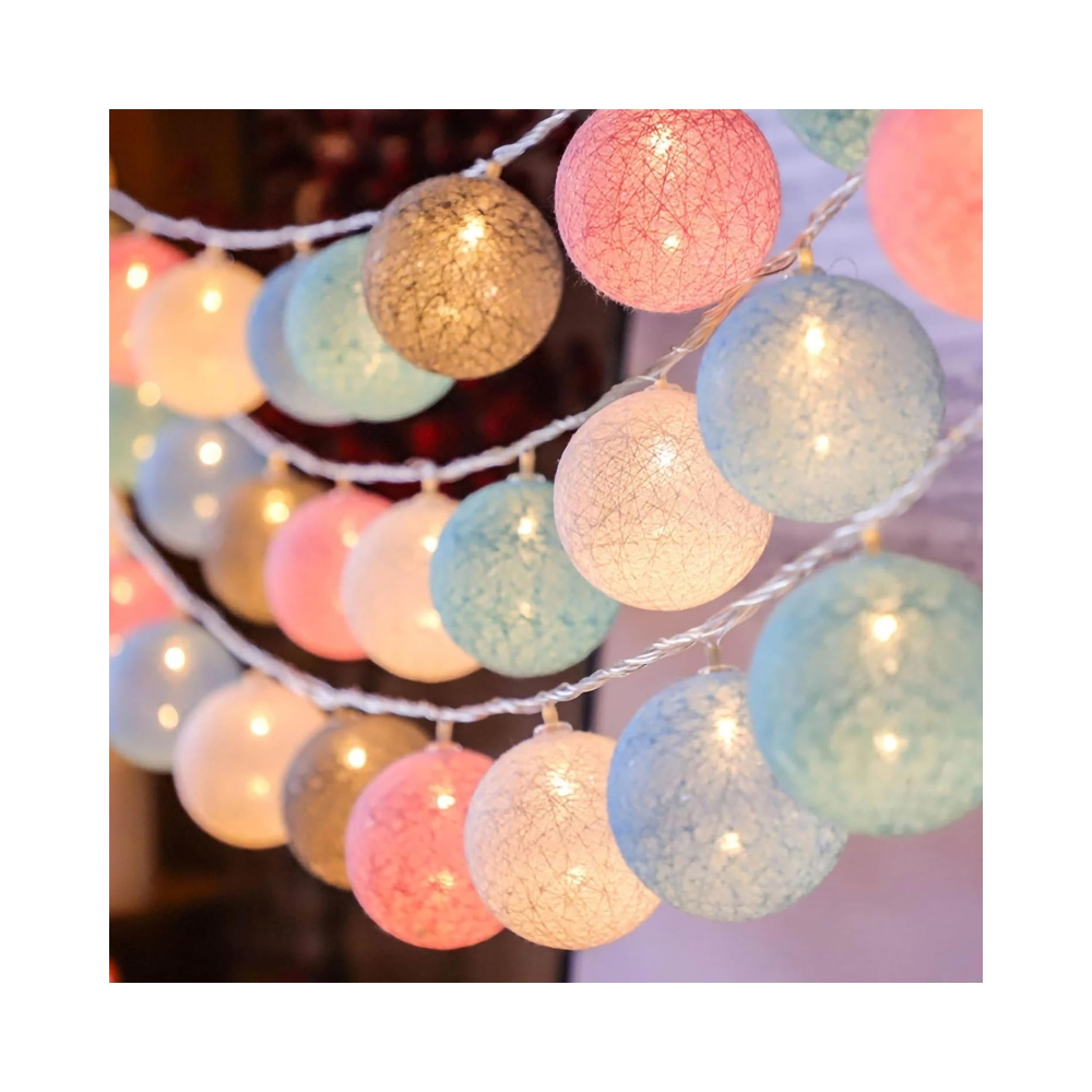 Party Propz Multicolour Cotton Ball Lights for Decoration – 4 Meter, 10 LED Series Lights for Home Decoration | 150 GM