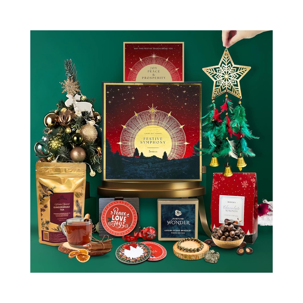 5 Senses Co. Festive Symphony Gift Luxury Hamper- Contains Chocolate Almonds, Spiced Gingerbread Premium Tea | 900 GM