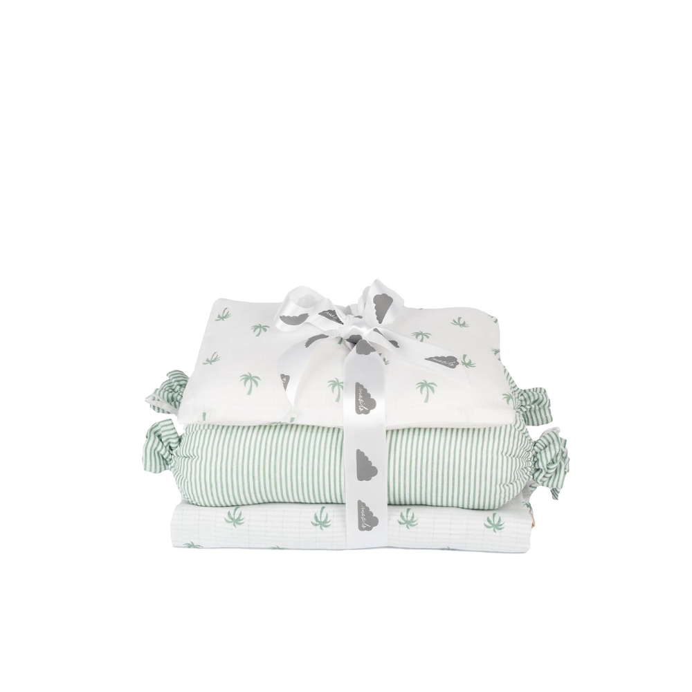 Masilo 100% Organic Muslin Mini Crib Set/Includes Blanket-Pillow-Bolsters/Essential Infant Cot Bedding Set/Soft & Comfortable/Baby Gift Set/Mini Newborn Nursery Bundle – Palm | ‎500 g