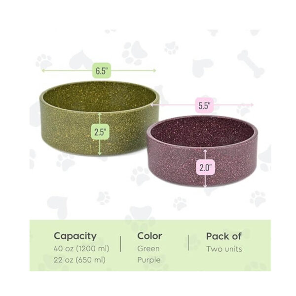 Eha Earth-Friendly Pet Bowls for Dogs&Cats | Dog Bowl Set of 2 | 1200 Ml & 650 Ml | Pet Bowl Made with Rice Husk & Bamboo Fibers | Dog Food Bowl | Anti-Skid | Yellogreen-Purple | 550 g - Image 2