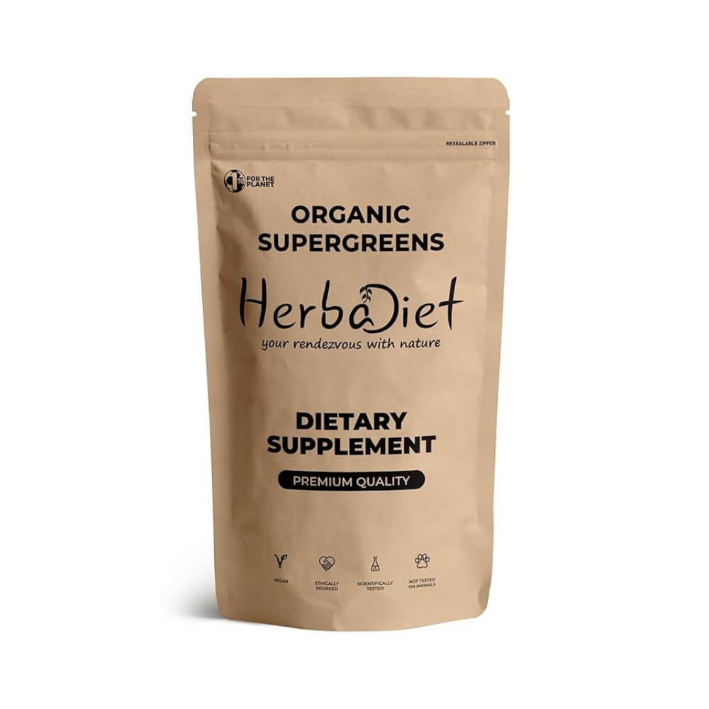 Herbadiet Organic Super Greens Superfood Powder,Wheatgrass,Spirulina,Chlorella&Barley,Vegan,Chlorophyll&Vitamins Rich,Energy Booster&Detox |100 g