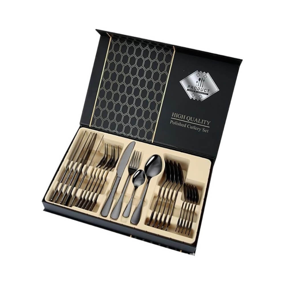 IndusBay Premium Black Finished  organic Flatware 24 Piece Set, High Grade Stainless Steel Tableware Cutlery Include Knives/Forks/Spoons Set for Home Restaurant, Mirror Polished, Dishwasher Safe Gift Box Pack