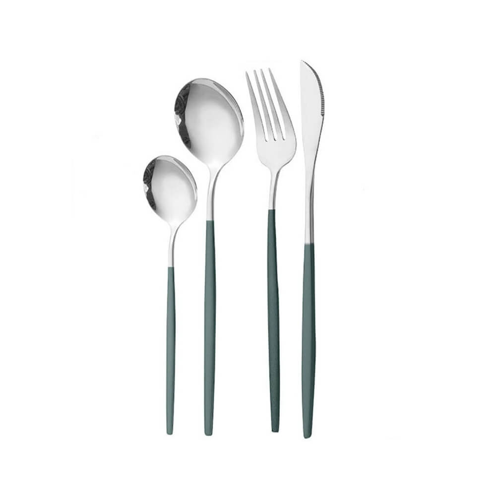 Oicia Stainless Steel Organic Korean Dinnerware Set, Tableware Set, Silver Cutlery Set, Flatware Set, Knife Fork Spoon Set, Silverware Set, Dinnerware Knives, Dessert Spoon, Salad Fork (Set of 4, Green)