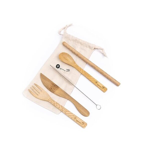 Organic B Bamboo Cutlery Set Pack of 5 Kitchen Essentials | Bamboo Spoon, Fork, Knife, Straw with Cleaner in Cotton Cloth Bag | Handmade, Eco-Friendly, Non-Toxic, Reusable, Travelling Kit | 9 g