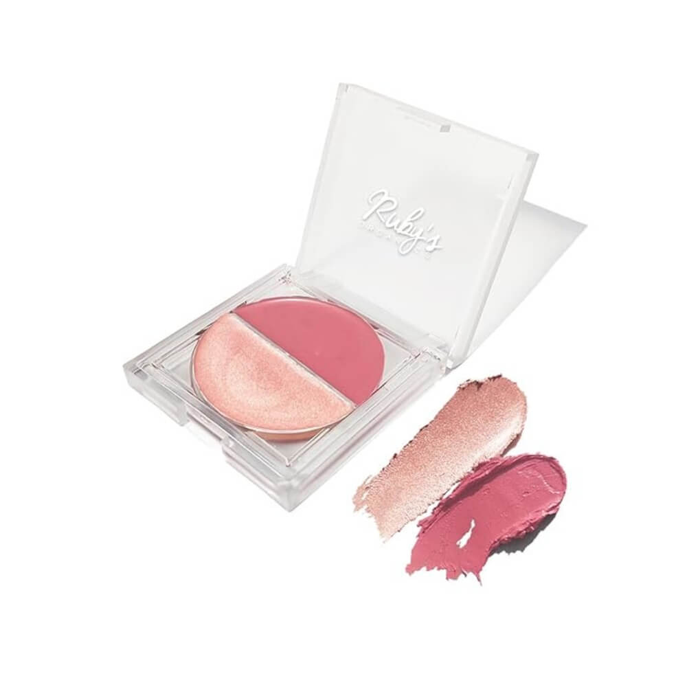 Rubys Organics Cream Blush for Cheeks & Highlighter Duo Palette- Blusher for Face Makeup, Lightweight Flawless All Day Glow, All Skin Types, Natural &Paraben Free (Deep Rose + Illuminate) 9g