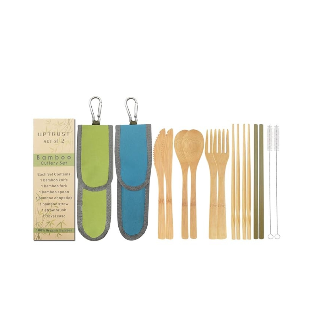 UPTRUST 2 Set Bamboo Cutlery Set Bamboo Travel Utensil Reusable Organic Bamboo Utensil Fork Knife Spoon Chopsticks Straw Cleaning Brush for Travel Picnic School Office（Skyblue& Green）| 154 g