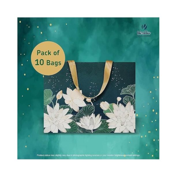 Vestta Elegance Redefined Paper Gift Bags,Large,13(L) X 5.5(B) X 10(H) Inches,Vintage Lotus Print,Matt Finish,Gold Stamping For All Celebrations,With Gift Tags-Premium Collection(10),10 Count - Image 2