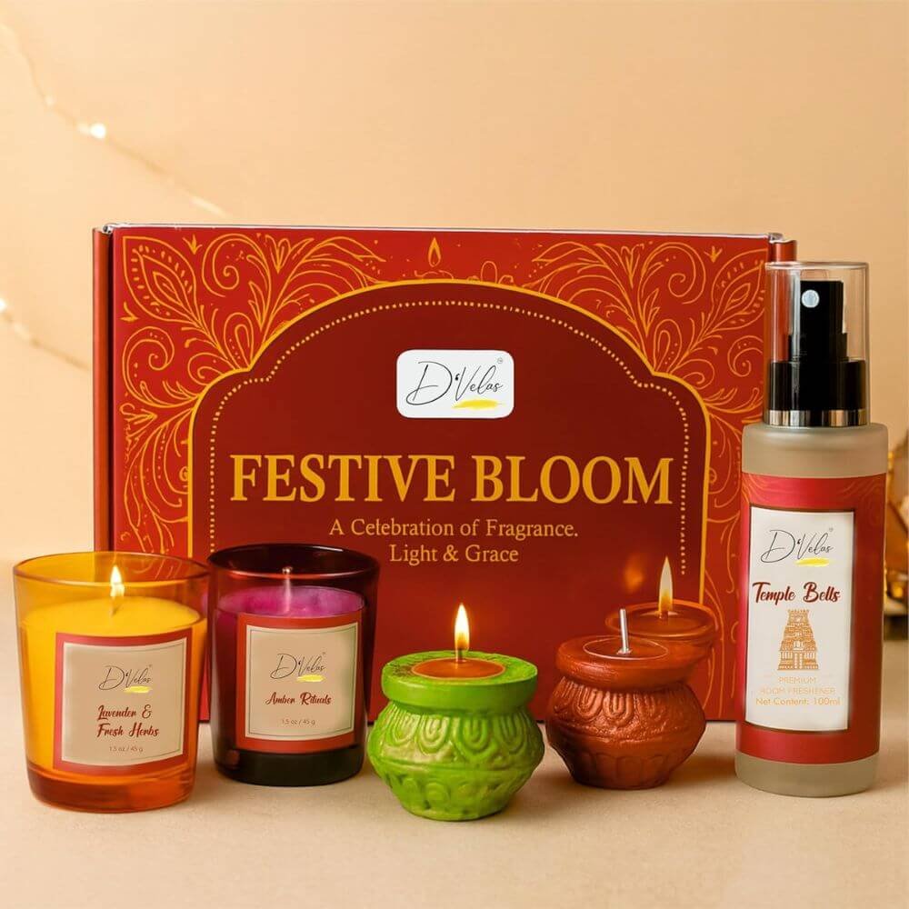 D’Velas Festive Bloom Christmas Gift Hamper – Scented Candle, Room Freshener & Decorative Diyas Gift Box