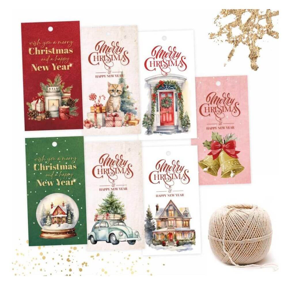 Merry Christmas Happy New Year Gift Tags Pack of 70 – Premium Holiday Tags with Jute String for Gift Wrapping & Party Favors