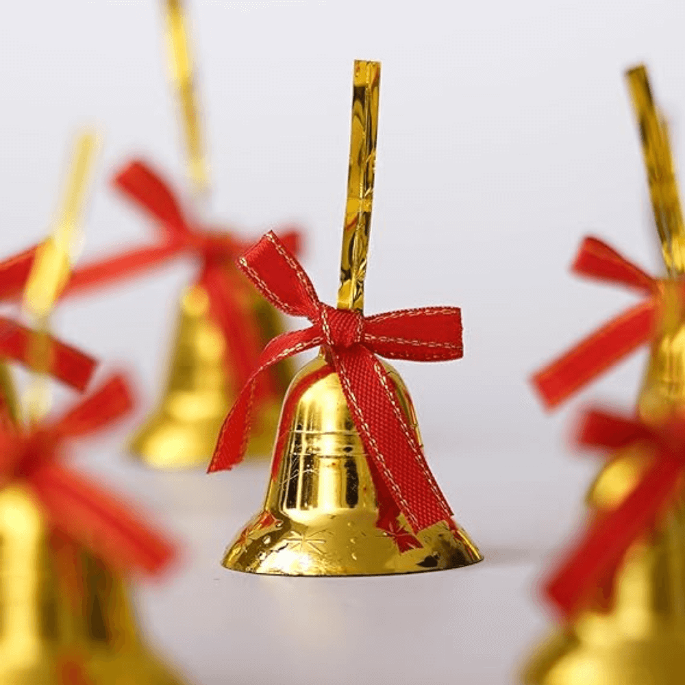 eCraftIndia Golden Christmas Bells with Red Ribbon (Pack of 6)