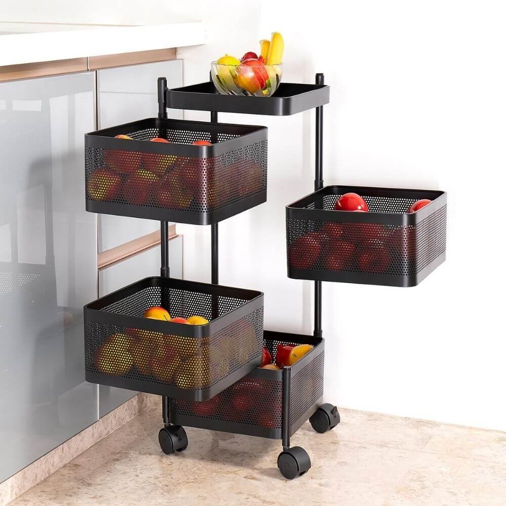 Kitchenwell 4-Tier Metal Kitchen Trolley | Matte Black