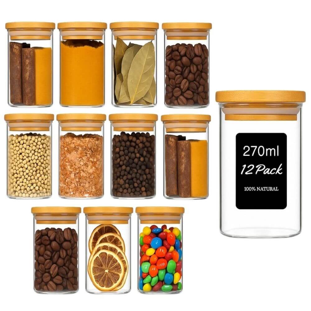 CakeTime 12-Pack Glass Spice Jars with Bamboo Lids