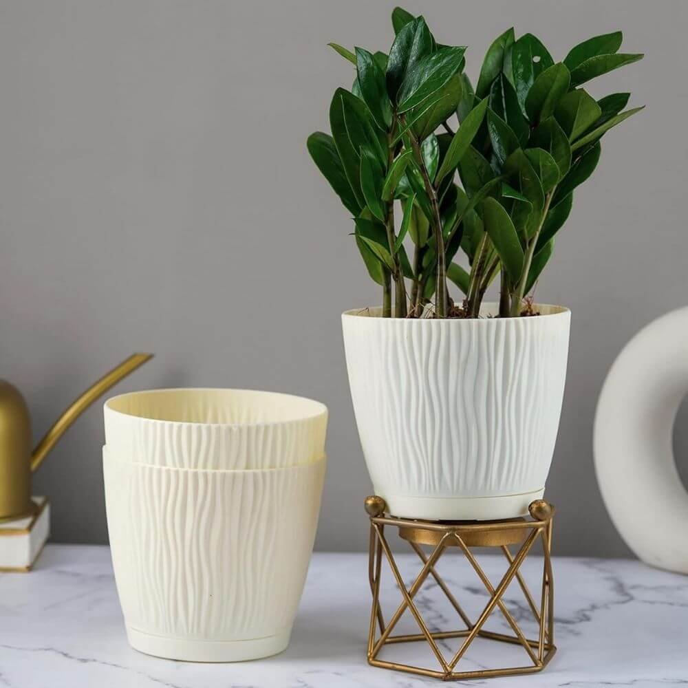 Nurturing Green Set of 3 Self Watering Pots for Home | Decor & Garden | Flower Pots | Planters for Indoor Plants | Plastic Pots for Living Room (Color: Ivory | Size: 14cm x 12.5cm Each)