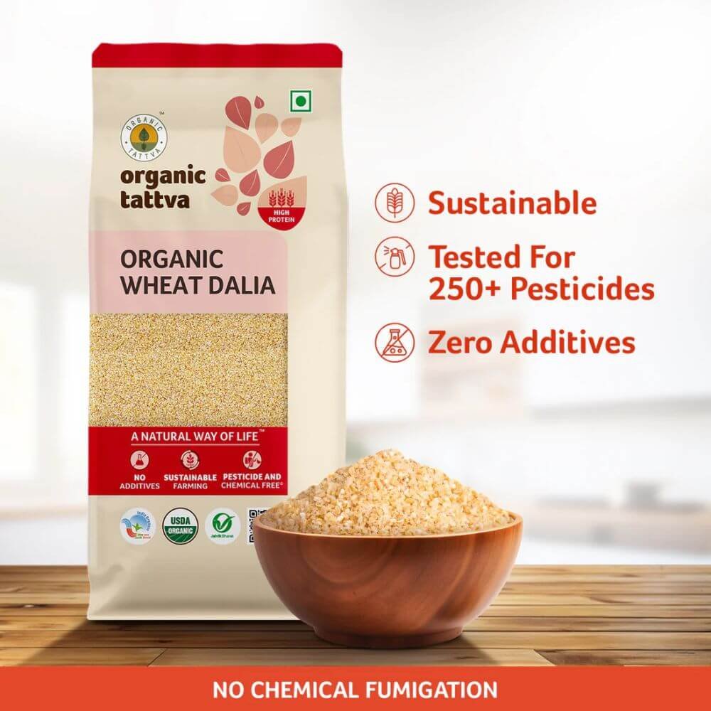 Nutrition information label on Organic Tattva wheat dalia 500g pack