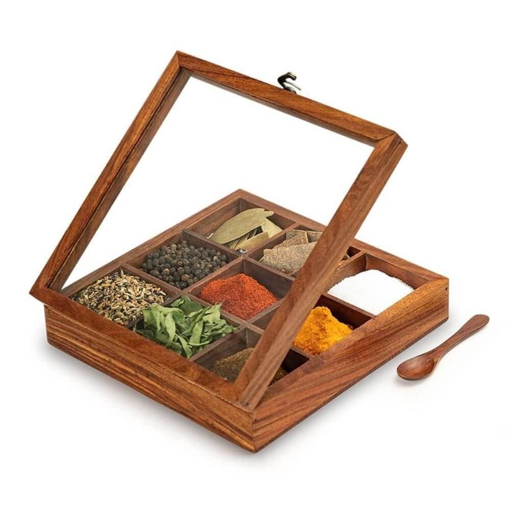 Sheesham Wooden Spice Box with Spoon | Non-Removable Partitions 50ml