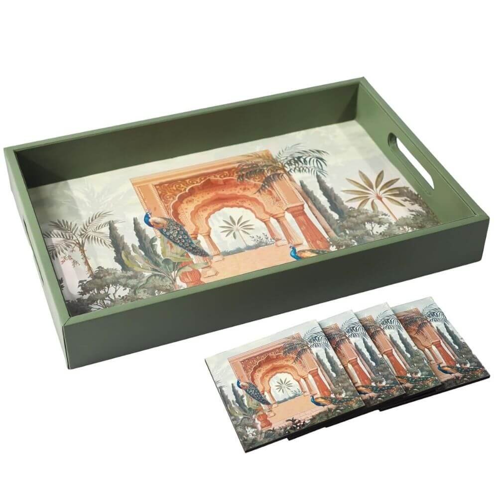 Birch & Co. Wooden Serving Tray with 4 Coasters | 10×15 Inch