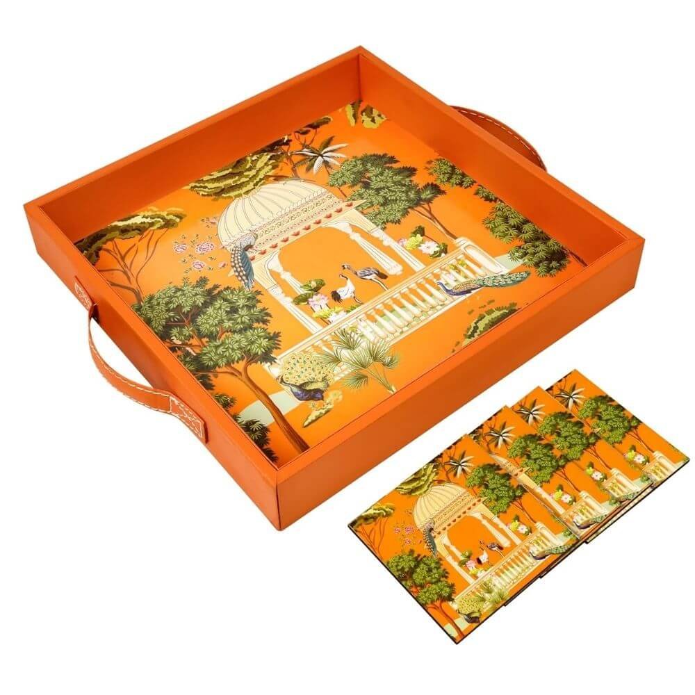 Wooden Serving Tray with 4 Coasters | 12×12 Inch Heritage Resin Design