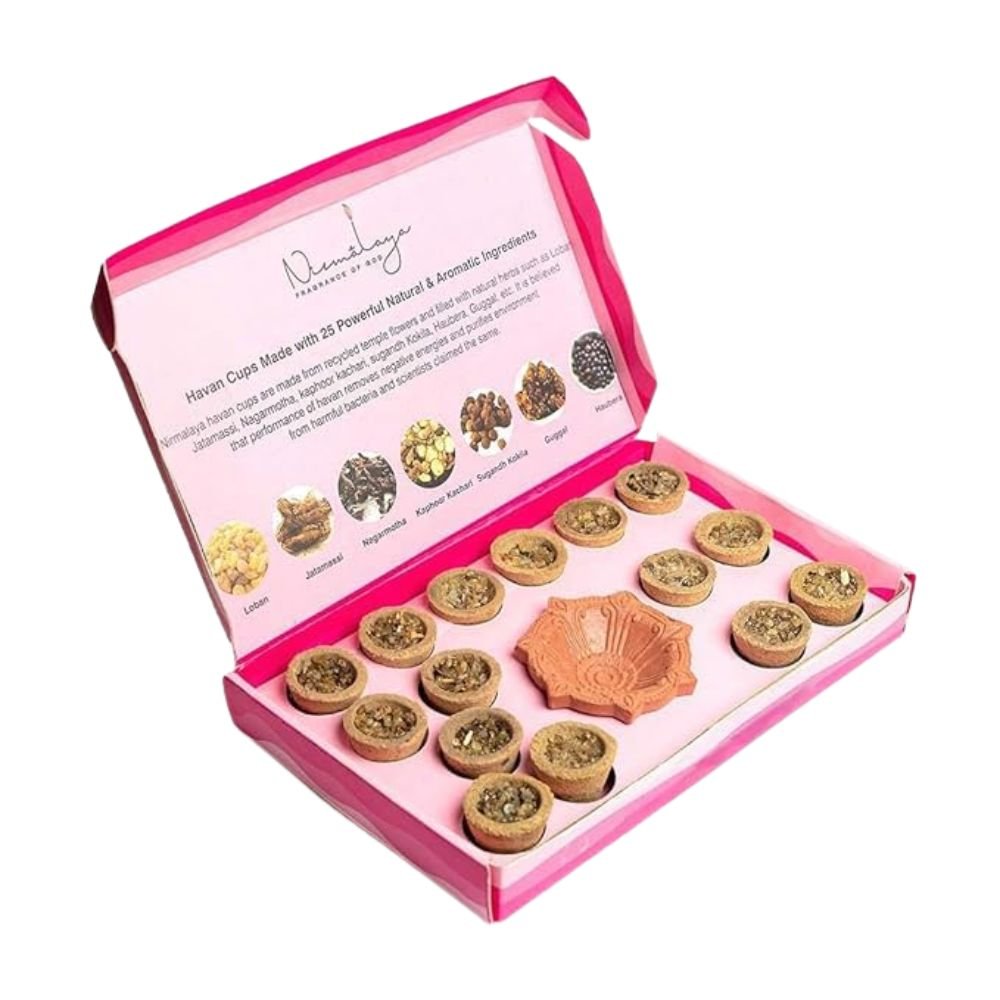 Nirmalaya Premium Organic Rooh Gulab Havan Cups | Pack of 15 with Diya