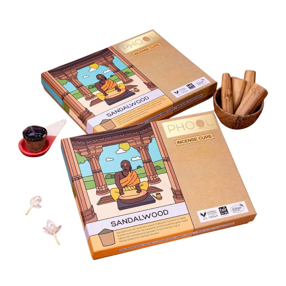 Phool Sandalwood Havan Cups I Navratri and Durga Pooja Special Pack I 16 Havan Pcs + 1 dhoop Cup Holder