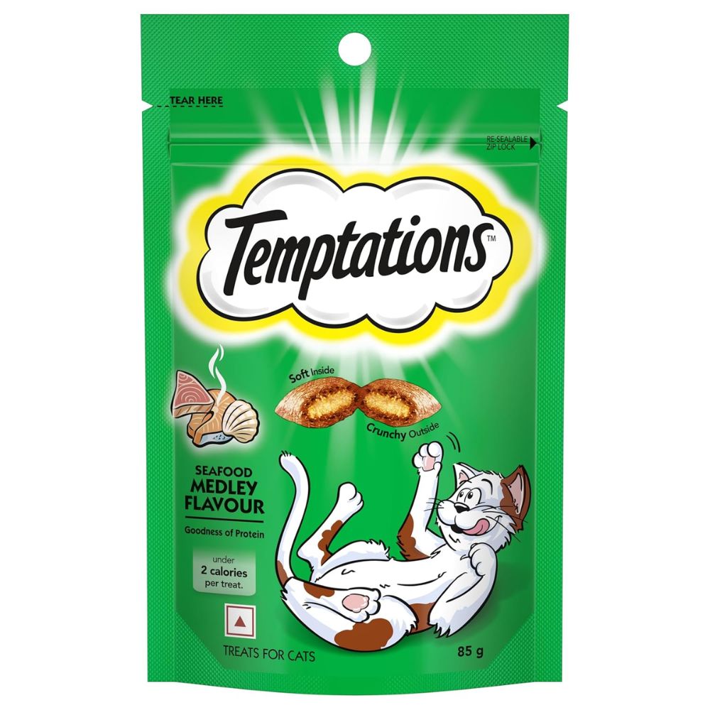 Temptations Crunchy Cat Treats Seafood Medley Flavour for Adult Cats 85gm